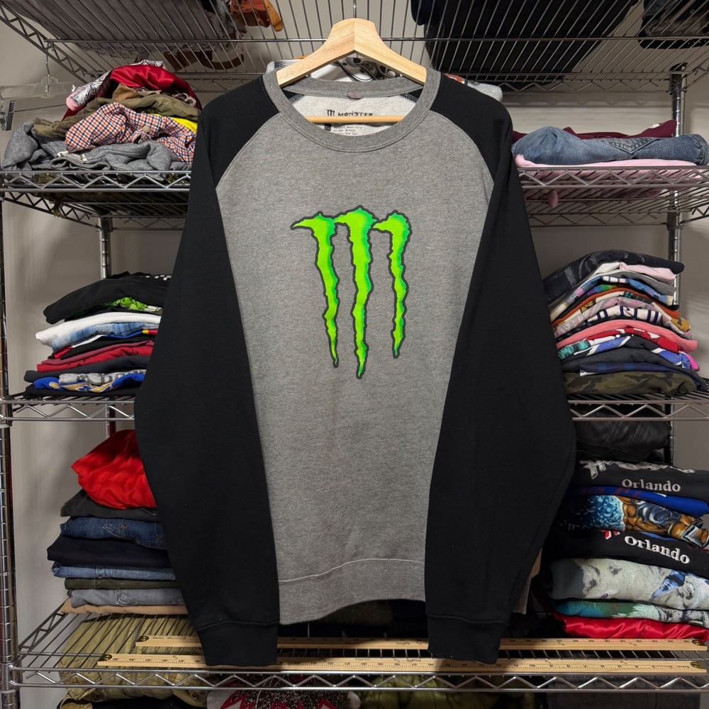 Monster Energy Sweatshirt Mens XL Gray Black Raglan Crewneck Fleece Y2K Grunge